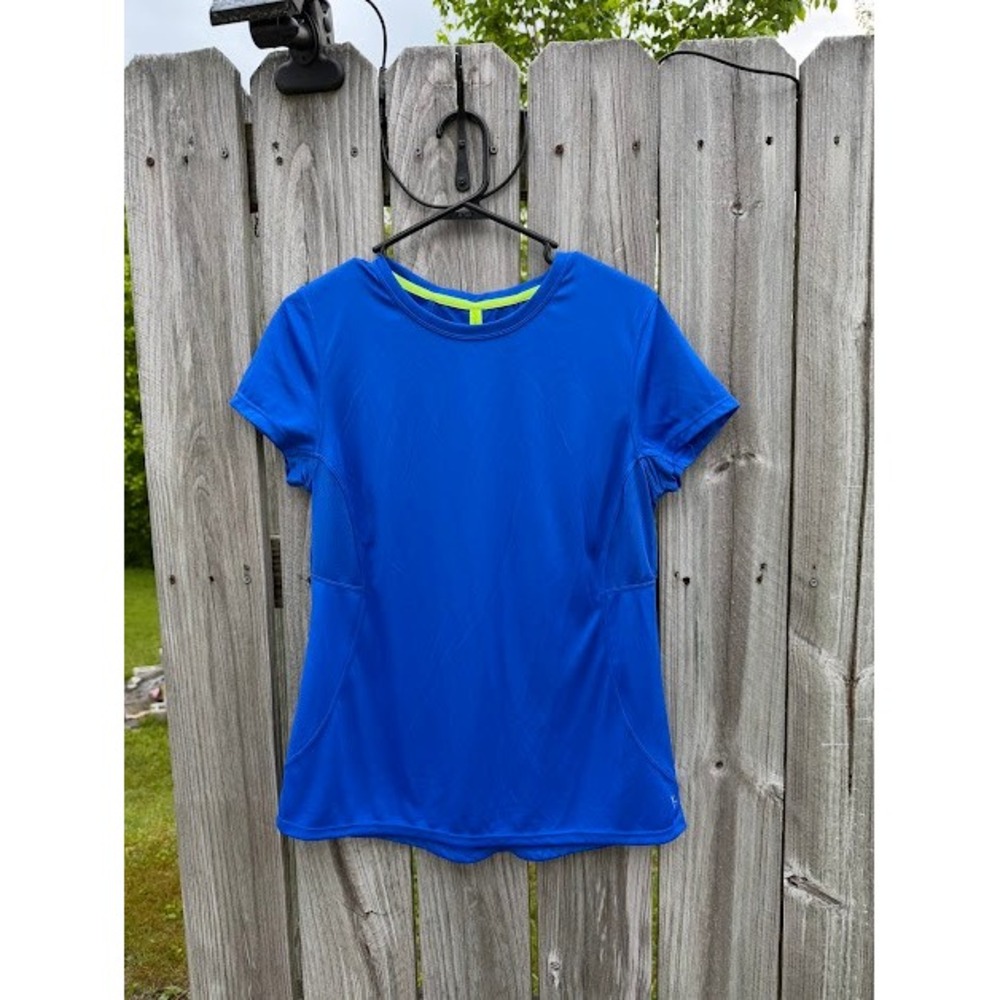 Danskin Now Womens Royal Blue Neon Green Mesh Back Athletic T-Shirt Size L 12-14
